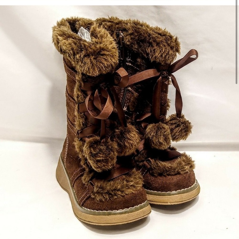 Kids Little girls toddler brown fur Pom Pom boots knee OG y2k platform chunky 6